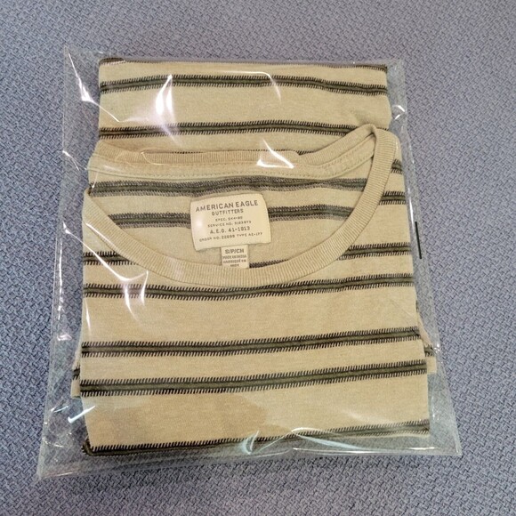 American Eagle Outfitters T Shirt Adult Small Beige Green Striped Short Sleeve - Picture 9 of 9